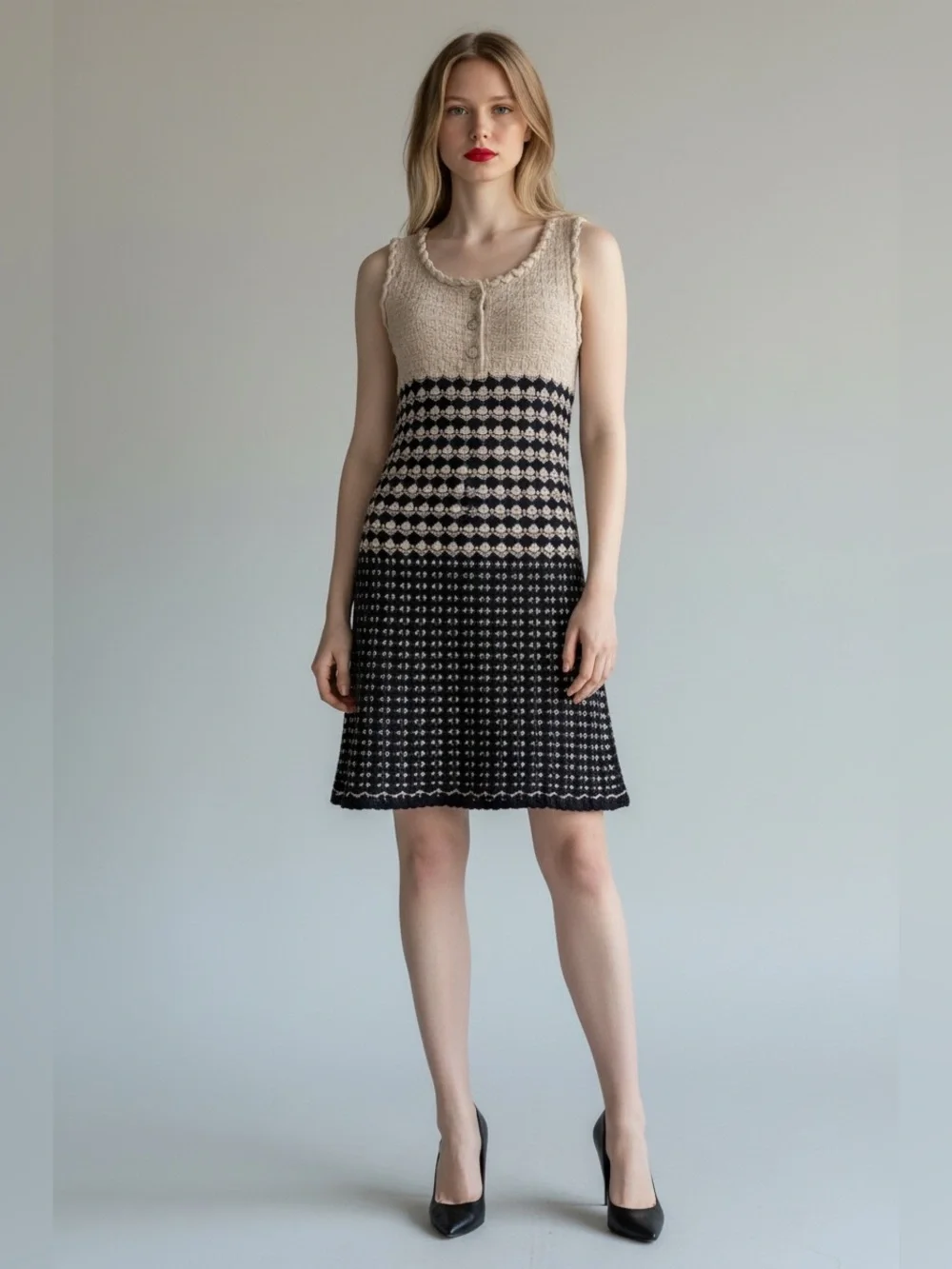 CHANEL Beige and Black Knit Sleeveless A-Line Dress